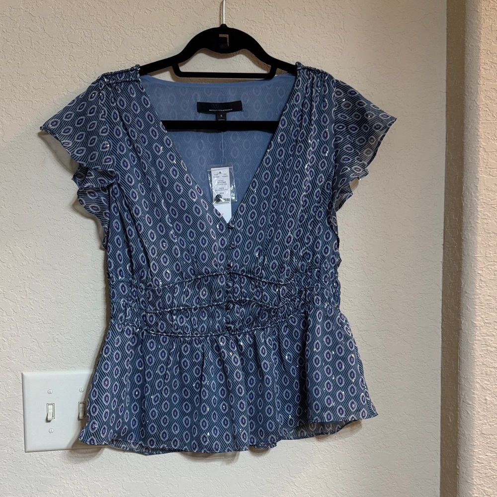 White House Black Market Blue Patterned Women's Top with Front Buttons Size S